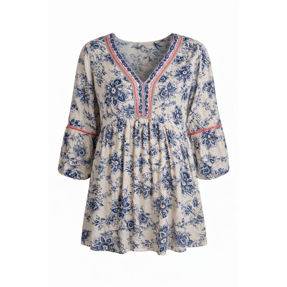 True Craft Cream Tunic Dress with Blue Floral Print and Pink Trim